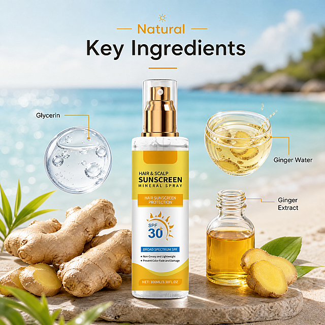 [主图-2] Hair & Scalp Sunscreen Spray core ingredients display. Seaside beach background consistent with the first image, the overall style is unified. Centered layout, surrounded by the three core natural ingredients glycerin, ginger water, ginger extract, in the form of real fresh ginger roots and glycerin liquid droplets, each ingredient with clear English text labels "Glycerin", "Ginger Water", "Ginger Extract" next to it, thin lines connect the labels. The product spray bottle is placed in the center bottom. Keep product appearance consistent with the original image. The background is blurred beach, keep the seaside feeling. [Atmosphere] Clean natural ingredient publicity style, highlights natural ingredients. [Image quality] Commercial photography, clear texture of natural ingredients, soft light, high-end feeling. [Lighting] Bright natural light, soft reflection, highlight the texture of raw materials. [Color] Consistent with the first image, blue sea, sandy background, with the natural color of ginger. [Text layout] All English, ingredient names clear and small, do not interfere with the main body, the title "Natural Key Ingredients" at the top, simple font. [Proportion] 1:1, 2K resolution, ultra clear. [Negative prompt] Deformation, watermark, text confusion, blurry product, messy background, Chinese characters.