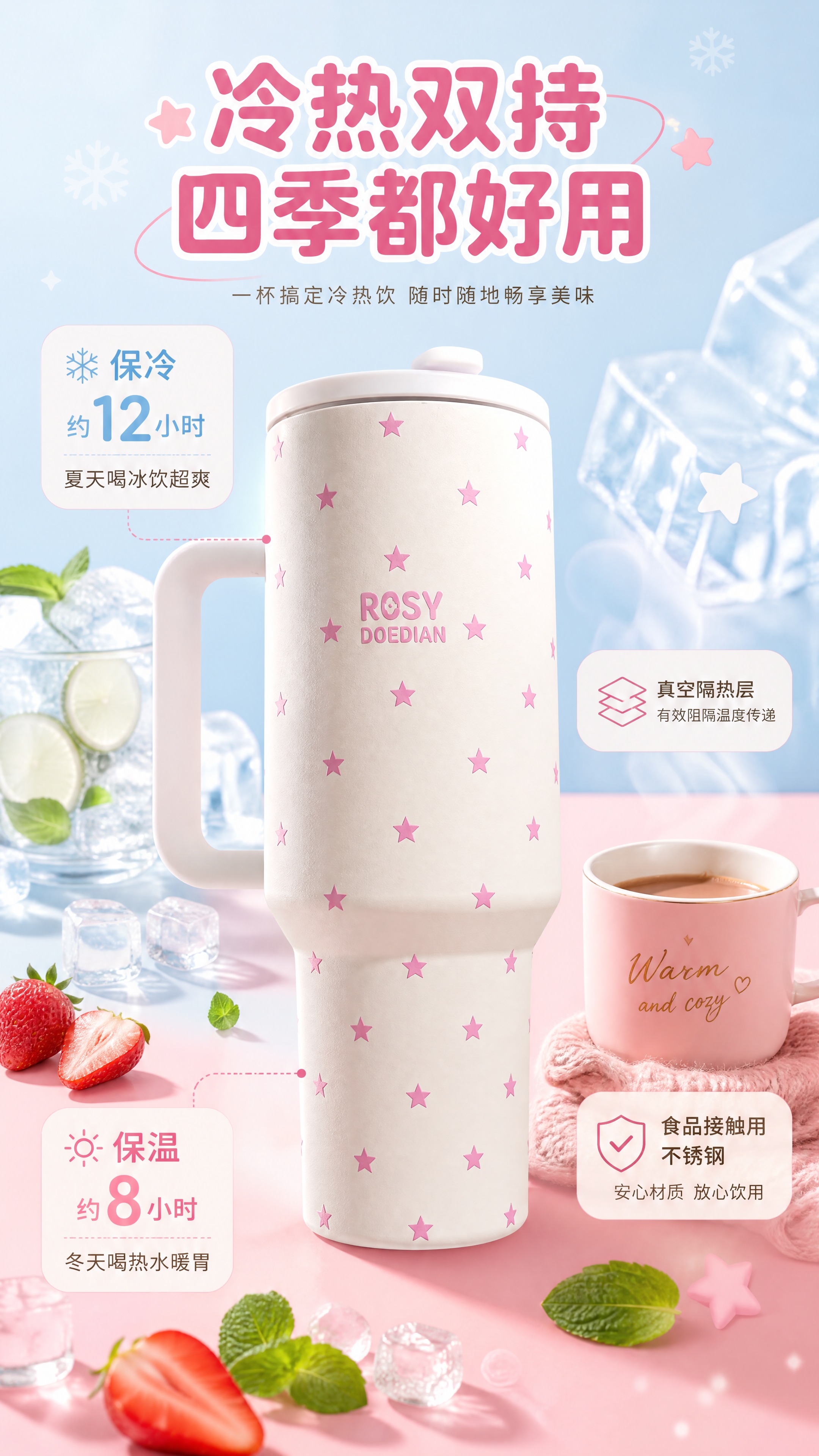 [商品] 使用【图1】奶白底粉色满印星星大容量保温杯；保留杯身… - 图片创意预览