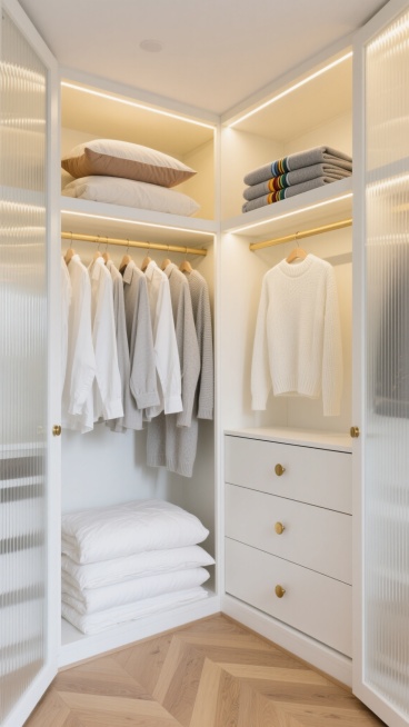 极简主义风格白色步入式衣帽间，柔和暖黄色嵌入式灯光均匀照亮整个空间，左侧双层叠放着米白色与浅棕色柔软枕头及折叠整齐的床品，中层悬挂多件浅灰色、白色衬衫和针织衫，下方整齐堆叠厚实的白色被子；右侧上层叠放灰色带彩色条纹的折叠衣物，中层悬挂白色毛衣，下方是带金色圆形拉手的白色抽屉柜，两侧为带有竖条纹玻璃门的衣柜，整体以白色为主色调搭配原木色人字拼地板，空间布局紧凑有序，光线柔和温馨，营造干净整洁、舒……预览效果