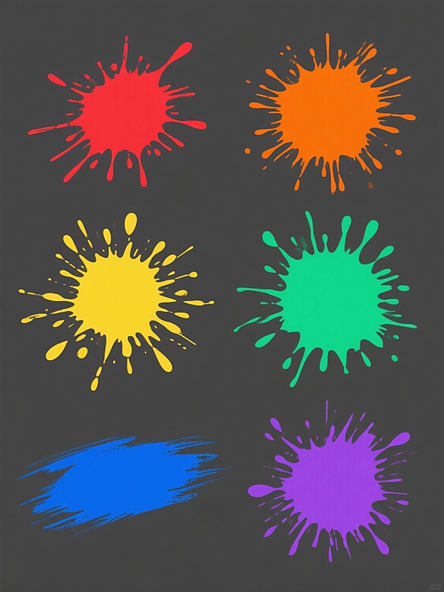 纯色背景上的六个不同造型的泼墨元素系列素材集合，每个泼墨元素保持不规则的飞溅形态、自然的笔触边缘和丰富的飞溅细节，整体呈现出简洁现代的设计风格，色彩分别为鲜艳的红色、明亮的橙色、活力的黄色、清新的绿色、深邃的蓝色和优雅的紫色，元素之间排列规整且留有适当间距，无任何文字内容