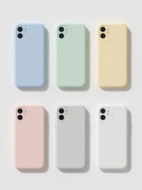 六个现代简约风格的智能手机壳产品展示，每个手机壳保持相同的圆角矩形造型和摄像头模组设计，分别采用不同的纯色（如浅蓝、薄荷绿、鹅黄、淡粉、浅灰、奶白）和细腻哑光磨砂材质，整体呈规整的2x3网格排布，置于纯白色纯色背景上，高清晰度3D渲染，柔和均匀的正面顶光，无阴影，无任何文字、logo或水印。预览效果
