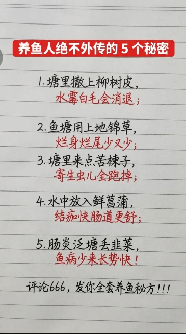 参照原图的排版布局、字体和颜色，将图片中的文字全部替换为新内容，一字不差：标题为红色底白色字'养鱼人绝不外传的 5 个秘密'，正文内容：1.塘里撒上柳树皮，水霉白毛会消退；
2.鱼塘用上地锦草，烂身烂预览效果