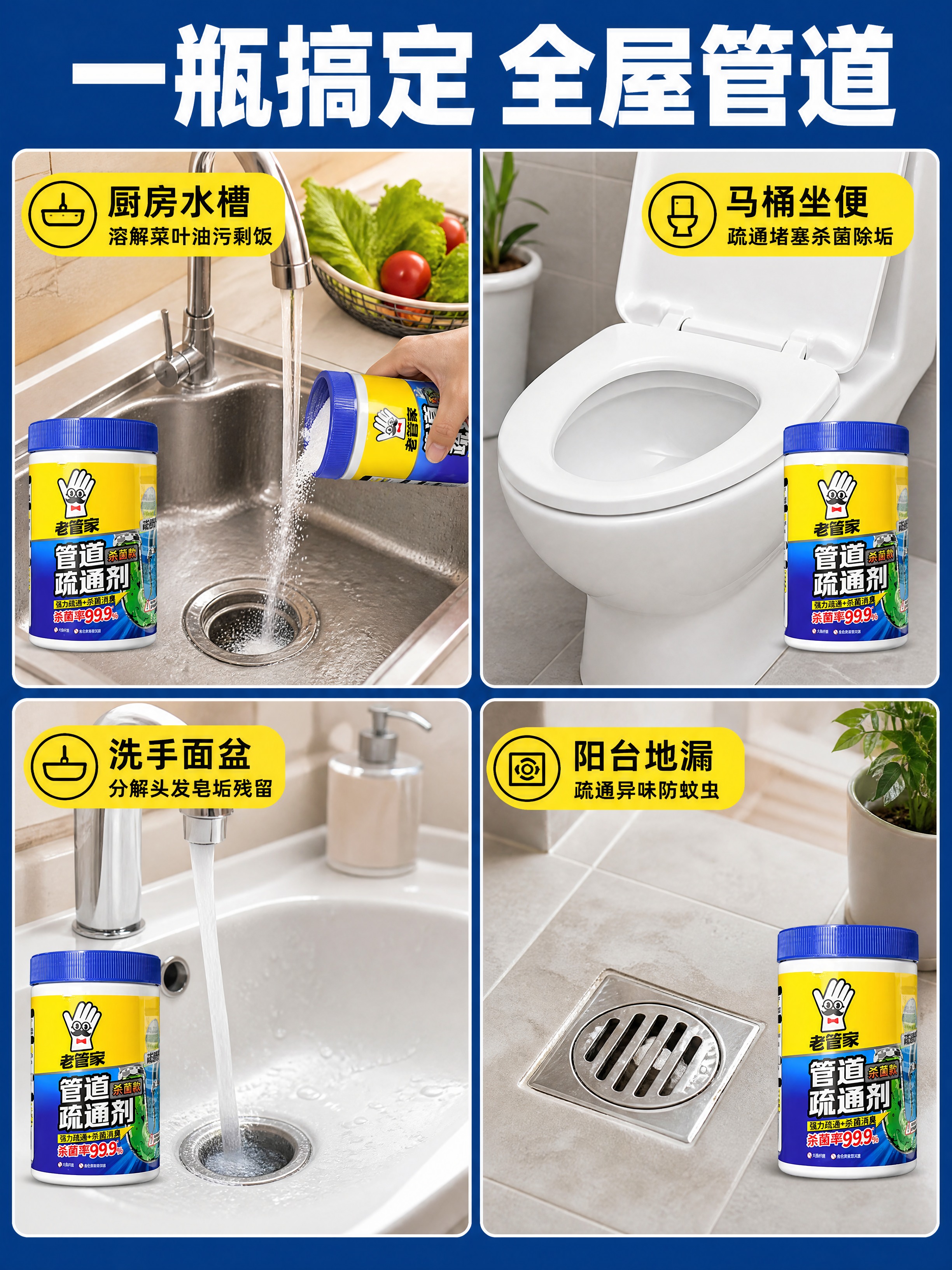 [商品] 使用【图1】老管家管道疏通剂；每格场景中融入产品小图… - 图片创意预览