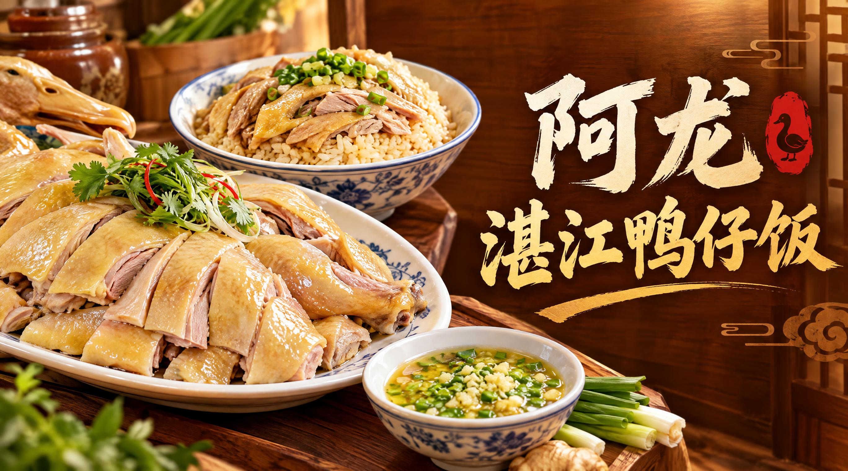 湛江鸭仔饭店招设计，横版构图，左侧是诱人的白切鸭拼盘和鸭仔饭美… - 图片创意预览