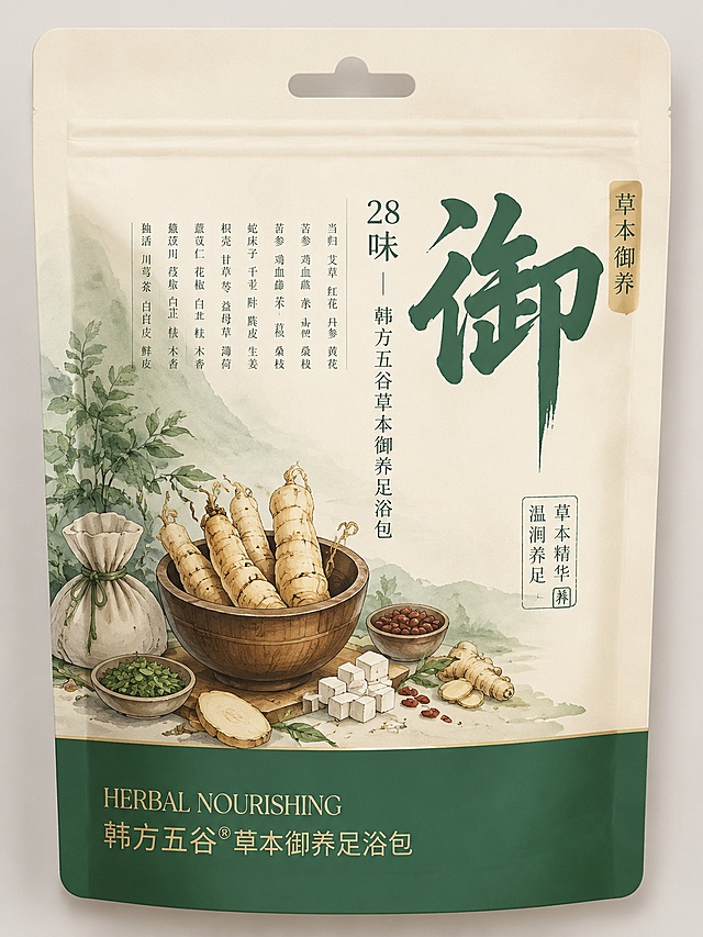 参考上传图片的墨绿色配色方案，上米白下深绿的配色，重新设计28味韩方五谷草本御养足浴包自立袋包装，保留国风水彩手绘草本插图风格，整体设计和原图不同，款式1：保留大字主题设计，调整插图排版和文字布局，使用这个墨绿色做底部色块