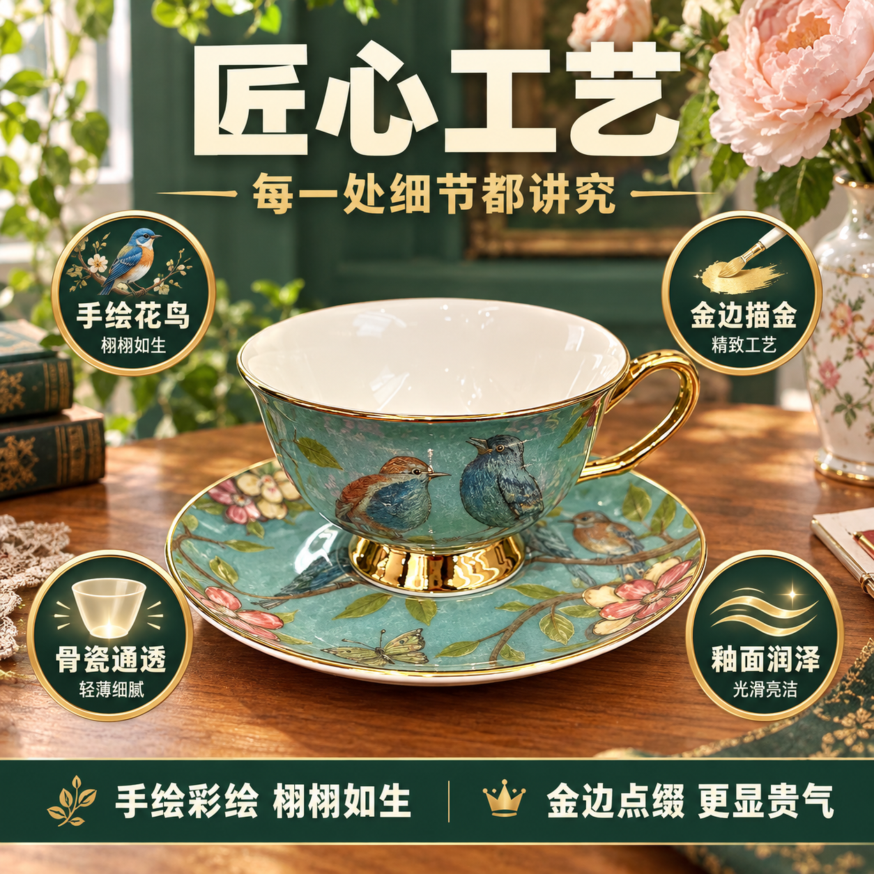 拼多多电商主图，英式骨瓷花鸟茶杯茶托套装，核心亮点导图，大字直… - 图片创意预览