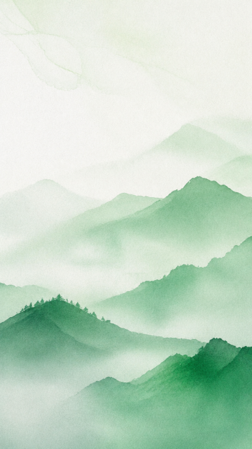 参考图片的淡雅绿色水彩水墨风格，重新生成层叠山峦的风景画面，保留极简渐变晕染的艺术感预览效果
