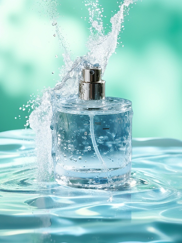 透明玻璃瓶身布满细腻水雾，瓶口喷射出清凉水雾粒子，水滴飞溅动态瞬间，冰蓝色背景融合薄荷绿渐变光晕，凝结水珠环绕瓶身，高透液体呈现流动质感，冷调金属质感瓶盖，抽象水波纹动态模糊背景，清新自然柔光，超现实通透感，低饱和度清凉色系