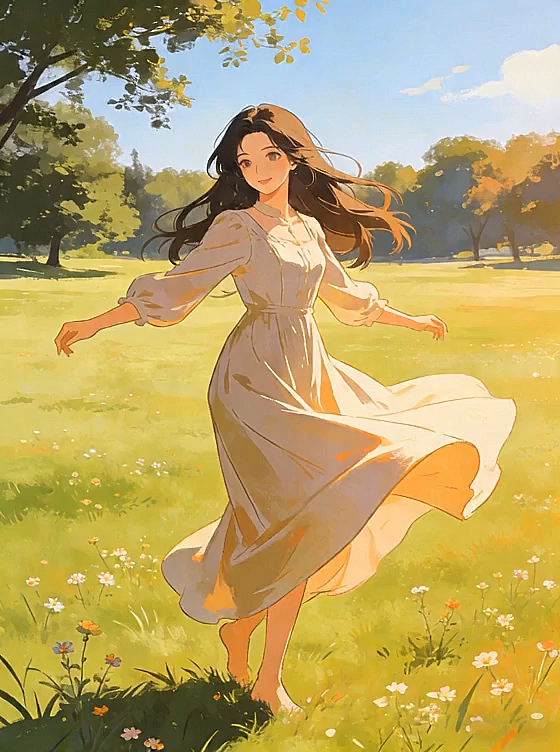 清新唯美的动漫风插画，水彩质感光影交织，少女在春日花野中轻盈奔跑，洋溢文艺气息。
