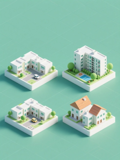 4个完全不同造型的社区元素内容系列素材集合，采用3D立体风格，每个元素均有规整的几何形态和圆润边角，主色调为白色与浅绿色搭配，辅以绿色圆形树木和小型车辆等细节，所有元素在纯色背景上呈规整网格排布，每个社区元素分别展现不同的建筑组合形式（如低层联排房屋配小广场、高层公寓配绿化带、混合户型社区配休闲设施、特色屋顶设计建筑群），保持统一的明亮光影效果和简洁明快的氛围。预览效果