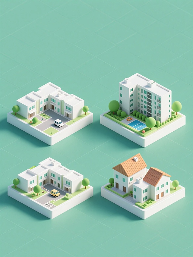 4个完全不同造型的社区元素内容系列素材集合，采用3D立体风格，每个元素均有规整的几何形态和圆润边角，主色调为白色与浅绿色搭配，辅以绿色圆形树木和小型车辆等细节，所有元素在纯色背景上呈规整网格排布，每个社区元素分别展现不同的建筑组合形式（如低层联排房屋配小广场、高层公寓配绿化带、混合户型社区配休闲设施、特色屋顶设计建筑群），保持统一的明亮光影效果和简洁明快的氛围。