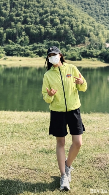 用图1的模特穿的防晒衣替换图的2的人物的上身穿的衣服，保留原场景光影，保持图2的人物的下身穿着不变，五官和发型不变，图片宽高尺寸不变，背景不变，模特姿势不变，背景不变。保持图1的防晒衣的款式和颜色不变预览效果