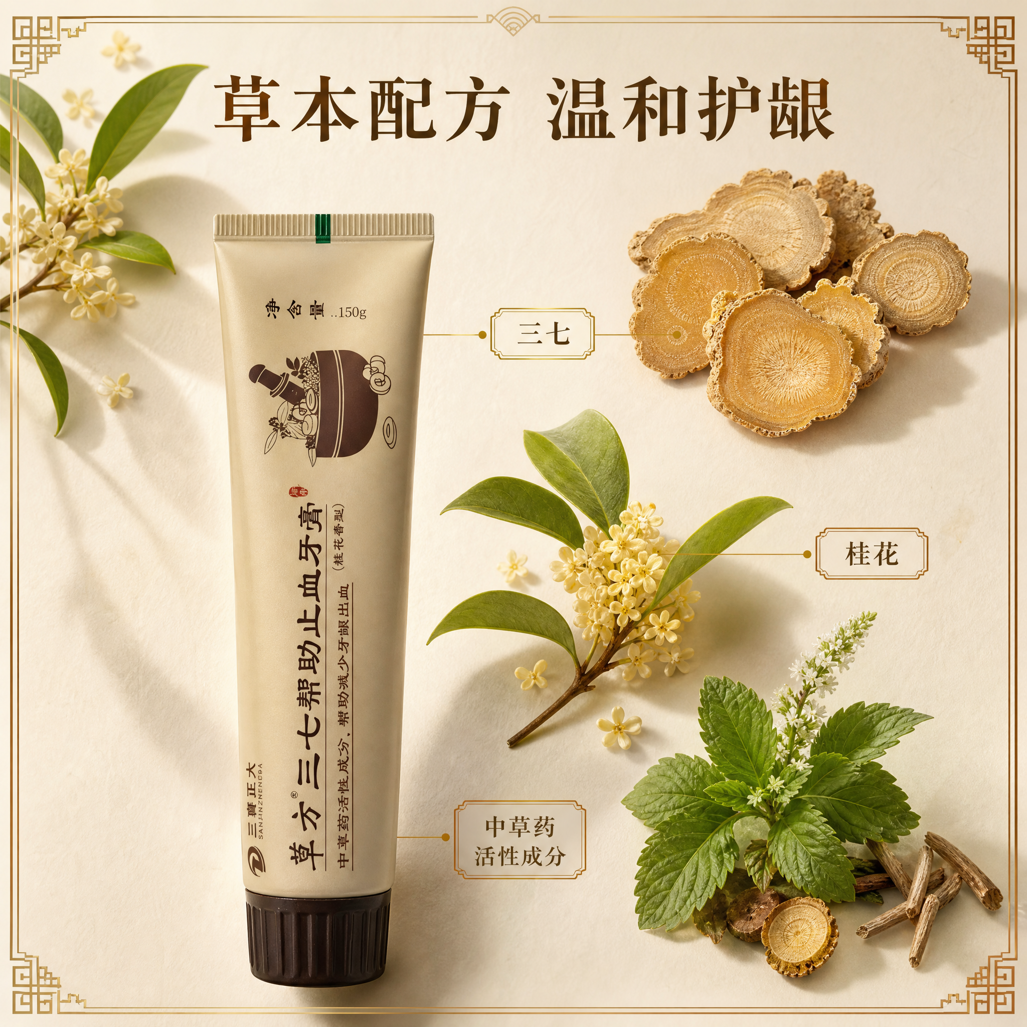 [主图-2 成分介绍图] 草方三七帮助止血牙膏150g（桂花香… - 图片创意预览