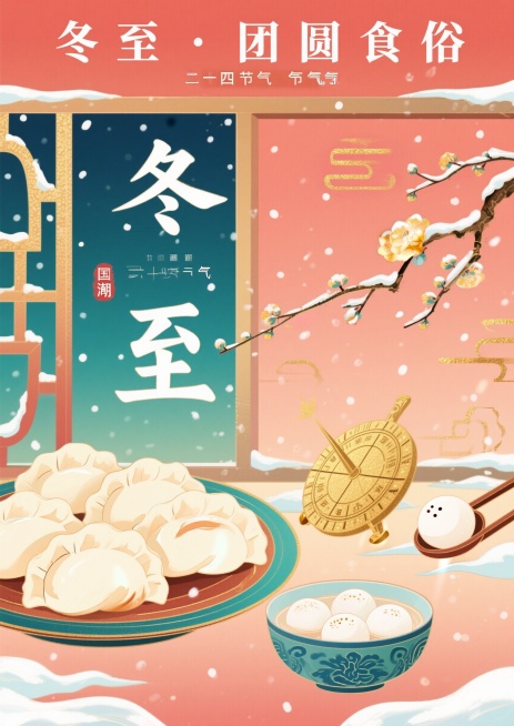 国潮插画风格，二十四节气冬至饮食指南海报，画面左侧是北方的饺子，右侧是南方的汤圆，搭配飘雪、腊梅、冬至日晷等冬至节气元素，顶部有文字"冬至·团圆食俗"，整体色调温暖喜庆，传统国风配色，适合上墙展示预览效果