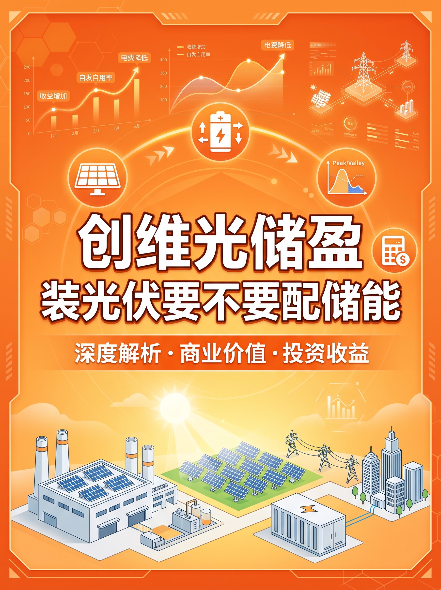 商业科普风格光伏储能封面，3:4竖版，橙色主色调。画面中央醒目… - 图片创意预览