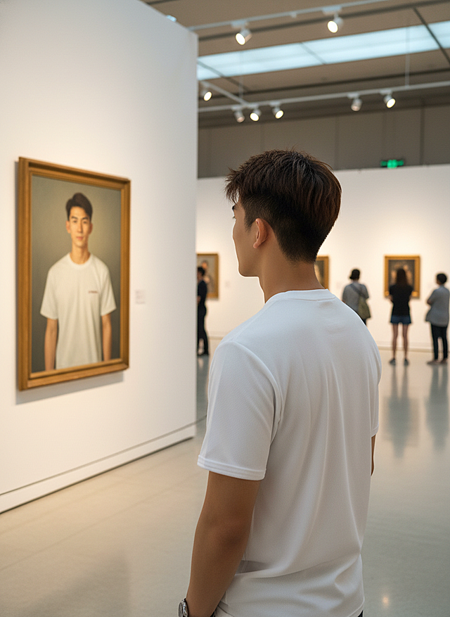 实景感与油画风交融，现代美术馆中光影交织，文艺气息弥漫，人物与画作形成镜像对话，展现当代艺术的深邃意境。