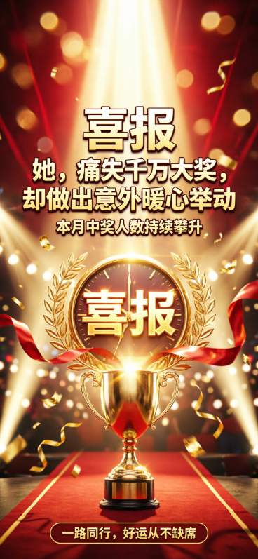 大气磅礴、充满庆典与激励感的竖版彩票中奖海报，整体风格为电影级渲染、奢华庆典风与荣耀加冕主题。主视觉：深邃暗红与金色渐变背景，中心区域被多束聚光灯照亮，光束聚焦于一个散发着金色光芒的底座或舞台。画面正预览效果