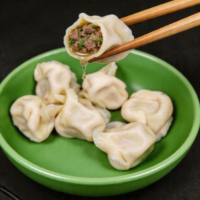 添加筷子夹起一个饺子，夹起的饺子露出牛肉和鲜亮的香芹内馅，有汤汁流出，整体画面垂涎欲滴很有食欲，保留绿色碗和其他饺子不变预览效果