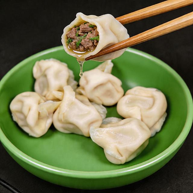 添加筷子夹起一个饺子，夹起的饺子露出牛肉和鲜亮的香芹内馅，有汤汁流出，整体画面垂涎欲滴很有食欲，保留绿色碗和其他饺子不变