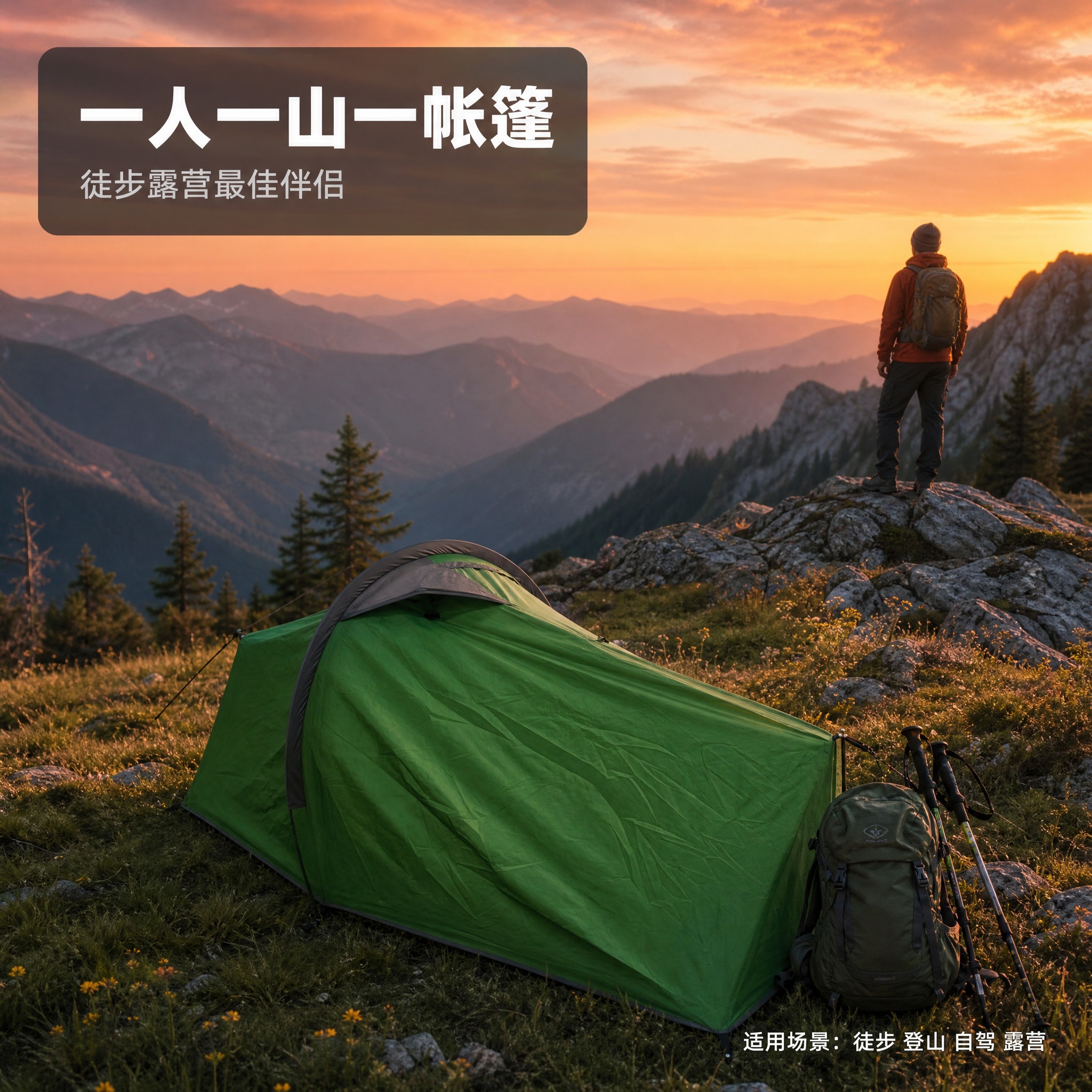 [主图-4] 绿色单人户外露营帐篷真实使用场景生活方式图，展示… - 图片创意预览