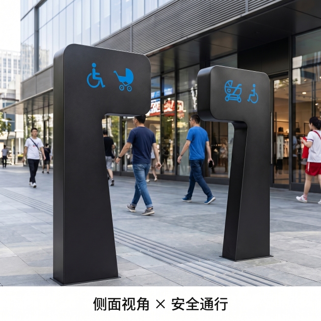 [主图-2] 黑色人车分流无障碍通道侧面角度
[氛围风格] 现代城市公共空间场景
[画质] 商业摄影高清真实
[元素] 两个黑色人车分流无障碍通道立柱从侧面45°视角展示，立柱为哑光黑色金属材质，顶部预览效果