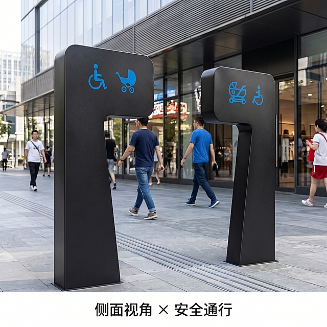 [主图-2] 黑色人车分流无障碍通道侧面角度
[氛围风格] 现代城市公共空间场景
[画质] 商业摄影高清真实
[元素] 两个黑色人车分流无障碍通道立柱从侧面45°视角展示，立柱为哑光黑色金属材质，顶部蓝色无障碍标识（轮椅+婴儿车图标），去掉原白色底色。背景为现代商业街人行道、商铺玻璃幕墙与行人，中间有行人自然经过，体现“人车分流”功能。
[光影] 白天自然光从斜前45°入射，明亮柔和；产品边缘有清晰轮廓光，黑色金属表面呈现细腻哑光反光
[配色] 主色调60%黑色立柱, 辅色25%灰色地砖/玻璃幕墙, 点缀色15%蓝色标识与行人衣着. 颜色：黑色/灰/蓝/白/红
[视角构图] 侧面45°视角，完整展示立柱结构与行人通过关系
[文字版式] 底部文字“侧面视角 × 安全通行”，清晰不遮挡主体
[比例分辨率] 1:1比例，2k分辨率，文字清晰超高清
[负向提示词] 变形，水印, 文字错乱, 产品模糊, 背景杂乱