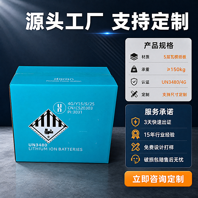 [主图-5] UN危包箱规格与服务承诺图 转化决策主图
[氛围风格] 专业可信工业风，信息清晰明了，促进转化
[画质] 商业摄影质感、光线均匀、信息清晰可读、2K超高清
[元素] 画面左侧放置精修后的湖蓝色UN危包纸箱（正面朝向观众），纸箱完整展示。右侧为信息展示区，包含规格参数和服务承诺两部分。背景为深蓝色渐变工业风背景，底部有浅灰色几何地面。**保持纸箱外观（即物理结构、材质质感、颜色、印刷内容）与输入产品图完全一致，杜绝任何变形和色差**。商品主体占比约45%，位于左侧。画面满屏无边框。
[光影] 左侧产品区主光从左上打来，突出纸箱立体感；右侧信息区光线均匀柔和确保文字清晰；整体光比适中。
[配色] 主色调深蓝灰（背景）；辅色湖蓝色（纸箱）+浅灰（信息卡片）；强调色橙黄色（重点数据和按钮）
[视角构图] 左右分栏布局，左产品右信息；平视视角，景深中等
[文字版式] 顶部主标题"源头工厂 支持定制"白色粗黑体大号横跨顶部。右侧信息区分上下两部分：上部规格参数卡片（浅灰底圆角），标题"产品规格"深灰粗体，内容包括："材质 5层瓦楞纸板"、"承重 ≥150kg"、"认证 UN3480/4G"、"定制 支持尺寸定制"，深灰色文字，关键数据橙黄色高亮。下部服务承诺卡片，4个服务项带图标竖排："3天快速出证"、"15年行业经验"、"免费设计打样"、"破损包赔售后无忧"，白色文字+橙黄色图标。右下角橙黄色圆角按钮"立即咨询定制"白色粗体字。文字不遮挡纸箱主体。
[输出要求] 1:1比例，文字清晰锐利，信息易读，超高清商业摄影质感
[负向提示词] 变形，文字错乱，产品模糊，背景杂乱，水印，电商平台Logo，信息卡片变形