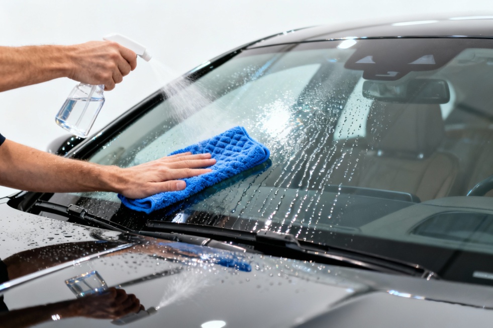 一手拿着清洁喷壶喷，一手拿着蓝色洗车毛巾，正在清洁汽车前挡风玻璃油膜，毛巾正在擦去玻璃上的水珠，重点在汽车玻璃，白色背景，生成4张
豪华汽车，水珠均匀滑落，玻璃晶莹剔透。生成4张预览效果