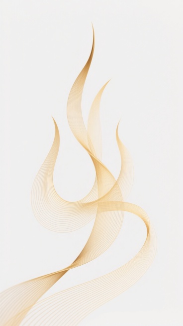 极简风格线条艺术，纯白背景，金色渐变线条构成的抽象流动造型，线条纤细均匀，呈现出飘逸、灵动的韵律感，整体造型如火焰般向上舞动，线条疏密有致，相互交织缠绕，形成富有层次感的视觉效果，色调统一为金色系，温暖而富有高级感，画面简洁大方，具有现代设计美学。预览效果