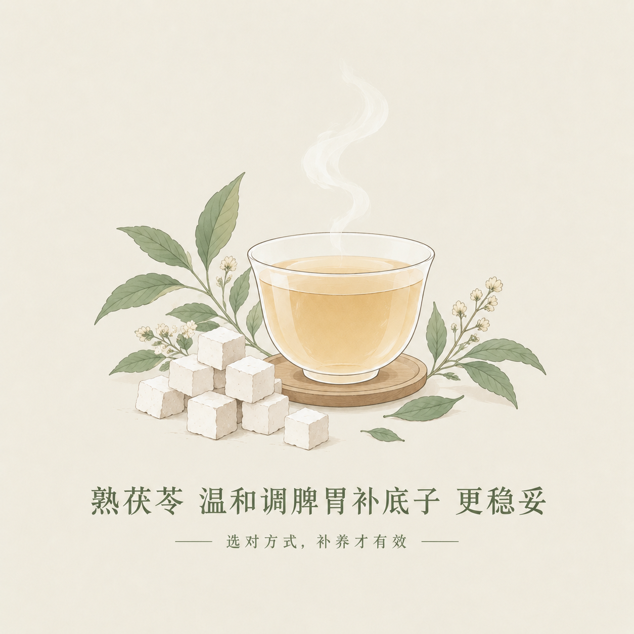 参考图风格的极简草本养生插画，画面中央是一杯冒着热气的茯苓茶，… - 图片创意预览