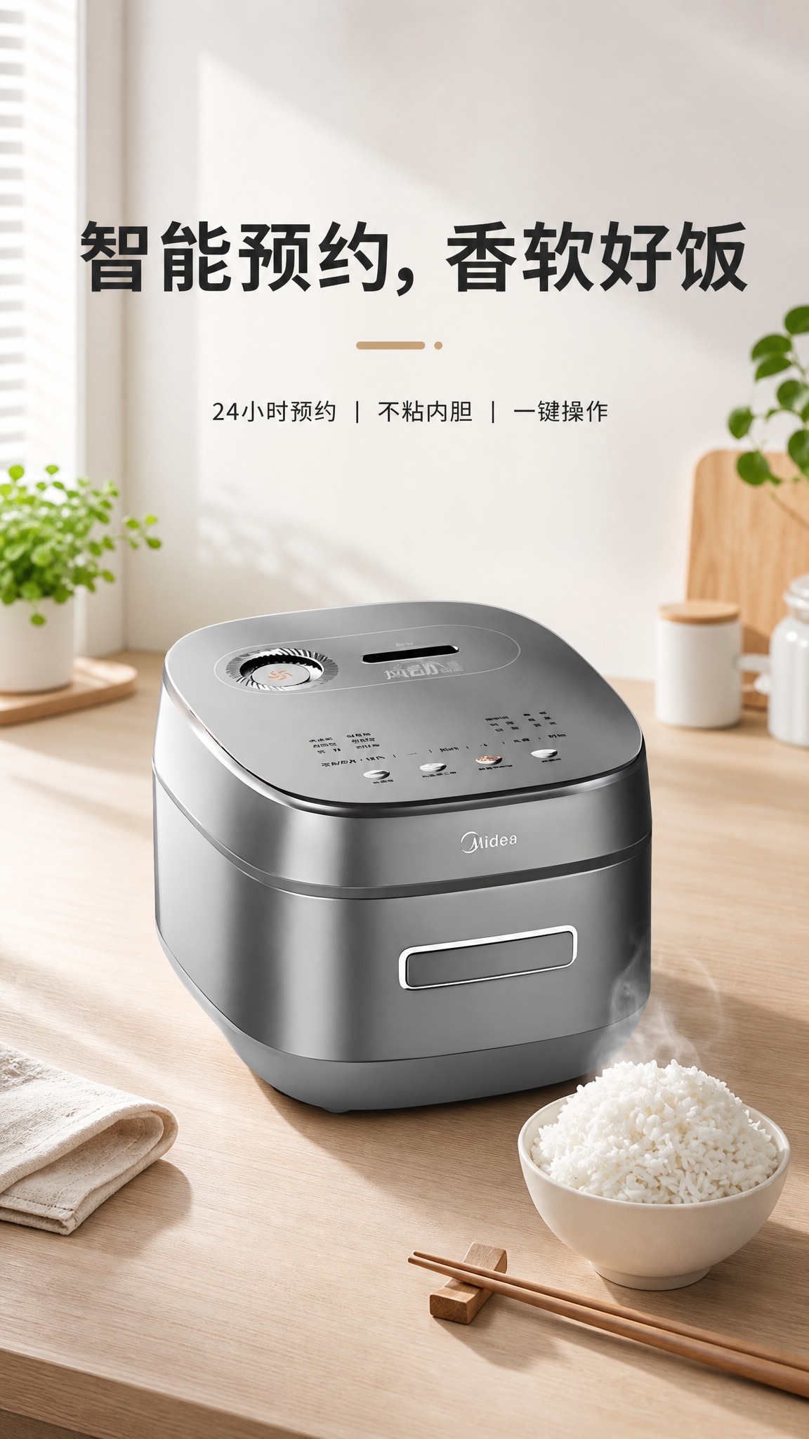 现代简约风格电饭煲电商海报，竖版9:16构图。画面主体为一台银… - 图片创意预览