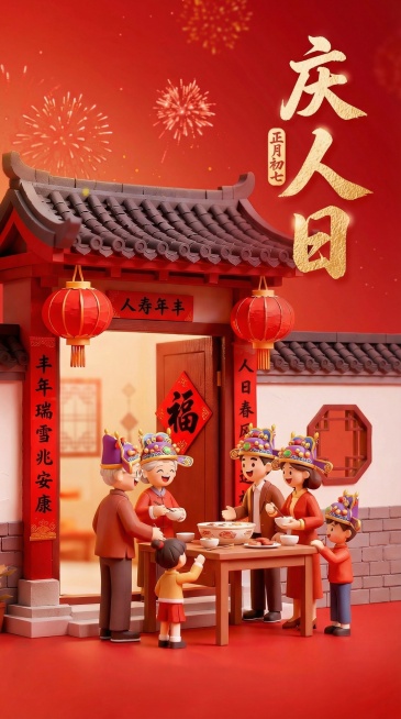 参考这张图片的风格样式及文字布局，文字样式风格以及位置都严格和参考图保持一致，按照中国传统民俗，制作除夕到初七的新春民俗套图，共八张预览效果