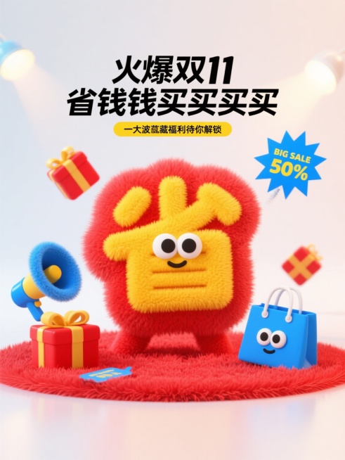 以红色毛绒地毯为背景的双11促销创意画面，核心是一个带有卡通眼睛的黄色‘省’字造型，充满童趣。上方有‘火爆双11 省钱买买买’的黑色艺术字，搭配‘一大波隐藏福利待你解锁’的黄色标语。周围点缀蓝色毛绒喇预览效果