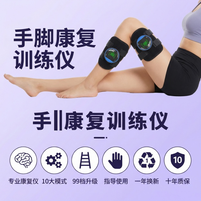 基于原图，更换模特为侧卧腿部伸展姿态，提炼文字内容为"手脚康复训练仪 专业康复仪 10大模式 99档升级 指导使用 一年换新 十年质保"，主图模板采用悬浮式布局，产品和模特图悬浮于上方，卖点文字在下方预览效果