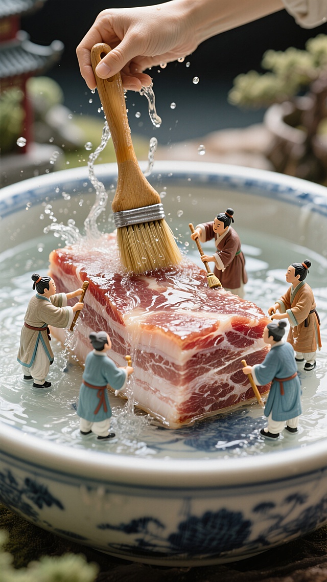 巨大的水盆中，几个穿着宋代服饰的迷你小人拿着巨大的刷子，用力清洗一块表皮泛着光泽的巨大五花肉，水流顺着肉的纹理流淌