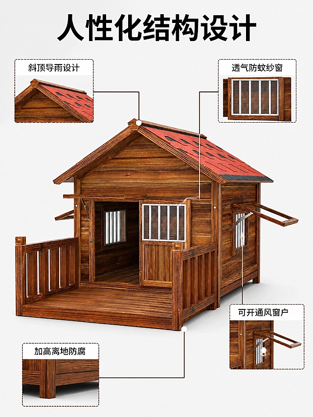 [第4屏] 产品结构解析屏-分解展示实木狗屋核心结构。本屏使用【图1】作为商品主体。
[氛围/风格] 清晰工业风解析，专业易懂，结构展示直观，现代简约商业风格。
[元素布局] 页面主体为狗屋整体结构，保留原图红瓦屋顶、实木围栏、可开合门窗结构不变，对防雨斜屋顶、透气防蚊纱窗、可开窗设计、防腐底部四个核心结构分别用虚线框和引线标注，每个标注配简短说明，不遮挡主体结构。
[光影质感] 均匀柔光，每个标注区域清晰明亮，结构轮廓锐利清晰。
[配色色系] 全局底色 #F0F0F0，主色原木棕红色，引线标注使用深棕色，文字为黑色。
[视角构图] 正面微侧透视视角，完整展示整体结构，标注引线指向清晰，信息层级分明。
[文字版式] 顶部主标题「人性化结构设计」，每个结构标注搭配4-8字说明：「斜顶导雨设计」「透气防蚊纱窗」「可开通风窗户」「加高离地防腐」，文字清晰可读，排版整齐不拥挤。
[比例分辨率] 3:4 竖版比例，4K分辨率，文字清晰可辨，高清画质。
[负向提示词] 结构变形，标注混乱，文字错乱，产品外观与原图不一致，缺件，水印
