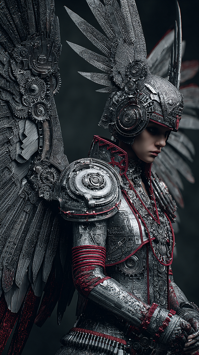 Dark fantasy style, angelic figure with blade wings forged from black steel, intricate gear patterns on armor, cold silver and crimson accents, sharp angular lines, dramatic lighting, hyper-detailed textures, cinematic composition