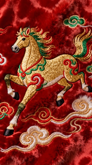 中国传统刺绣风格的奔腾骏马，马身是金色、绿色、红色刺绣，装饰中式卷云纹，周围环绕飘逸的祥云图案，马呈四蹄腾空的奔跑姿态，鬃毛与尾巴随动态飞扬，姿态舒展且富有力量感，以红色绸缎为背景预览效果