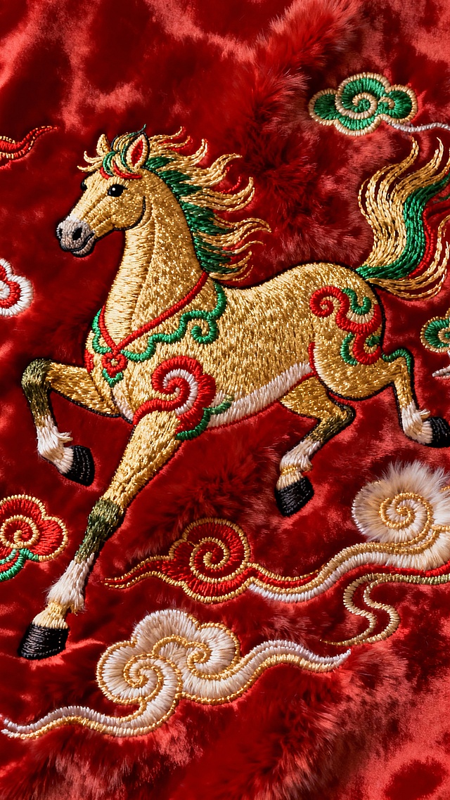 中国传统刺绣风格的奔腾骏马，马身是金色、绿色、红色刺绣，装饰中式卷云纹，周围环绕飘逸的祥云图案，马呈四蹄腾空的奔跑姿态，鬃毛与尾巴随动态飞扬，姿态舒展且富有力量感，以红色绸缎为背景