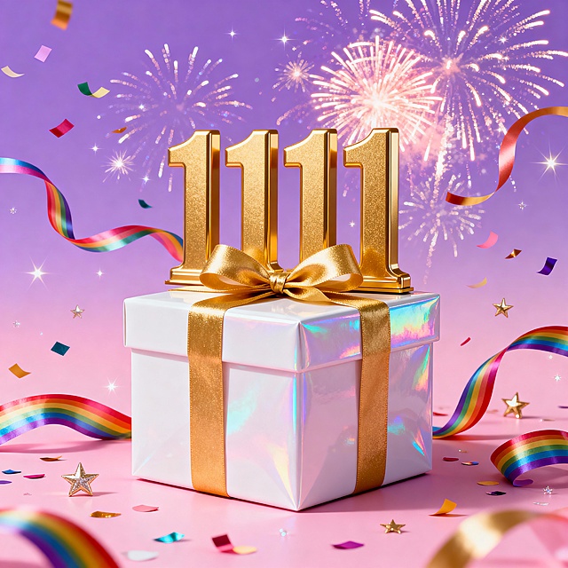 梦幻粉紫色背景，中央是带炫彩光泽的白色礼盒，系金色丝带蝴蝶结，顶部有巨型金色立体艺术字“1111”，周围环绕彩虹丝带、五彩纸屑和闪烁星星，背景有绚烂烟花绽放，整体风格梦幻甜美，充满购物狂欢的浪漫惊喜氛围