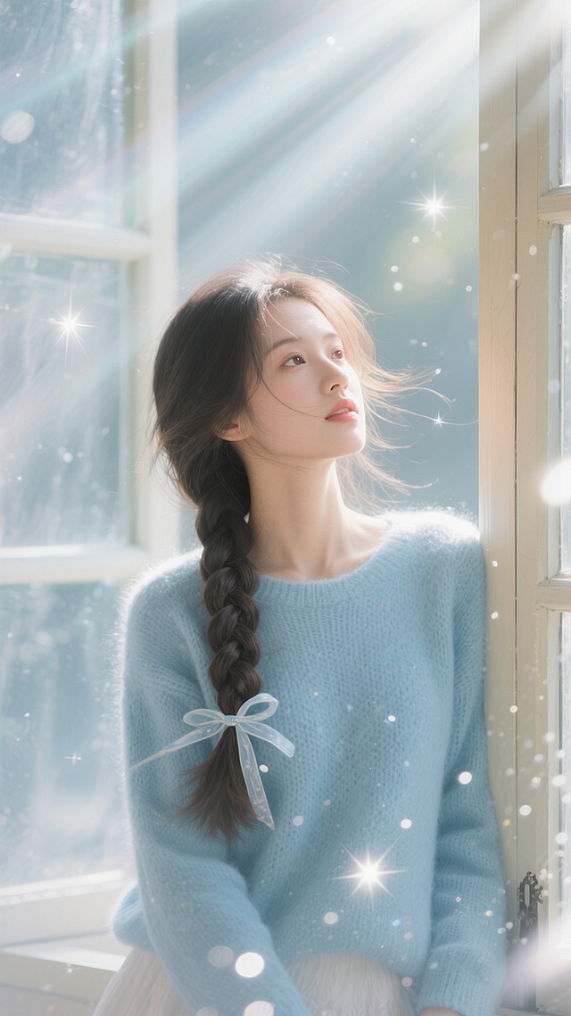 梦幻感水彩插画风，柔和光影洒落窗边，少女静坐凝望，粒子光斑点缀，唯美清新如春日晨曦。