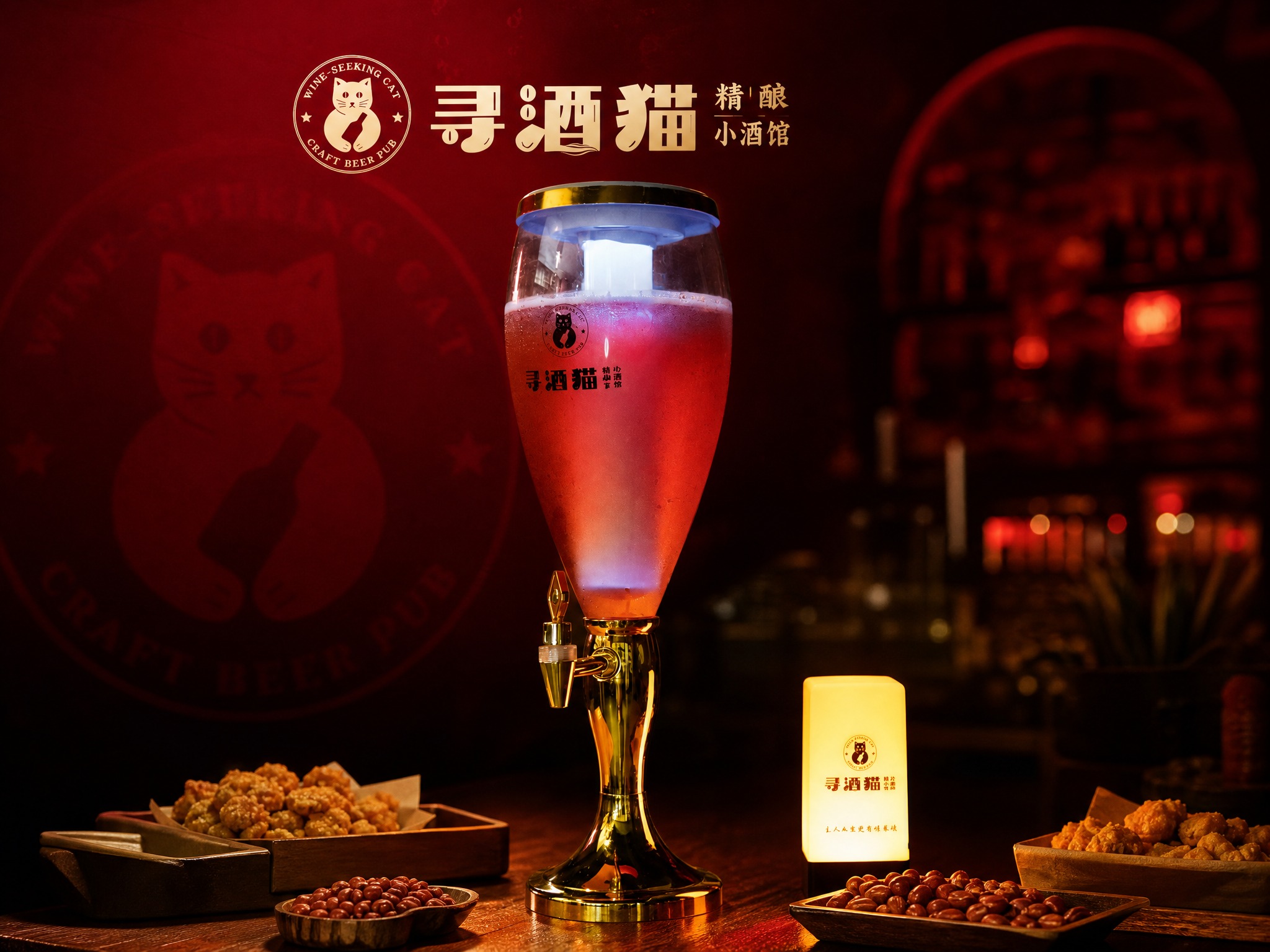 生成第三张寻酒猫精酿小酒馆融合海报，4:3比例，红色热烈氛围。… - 图片创意预览