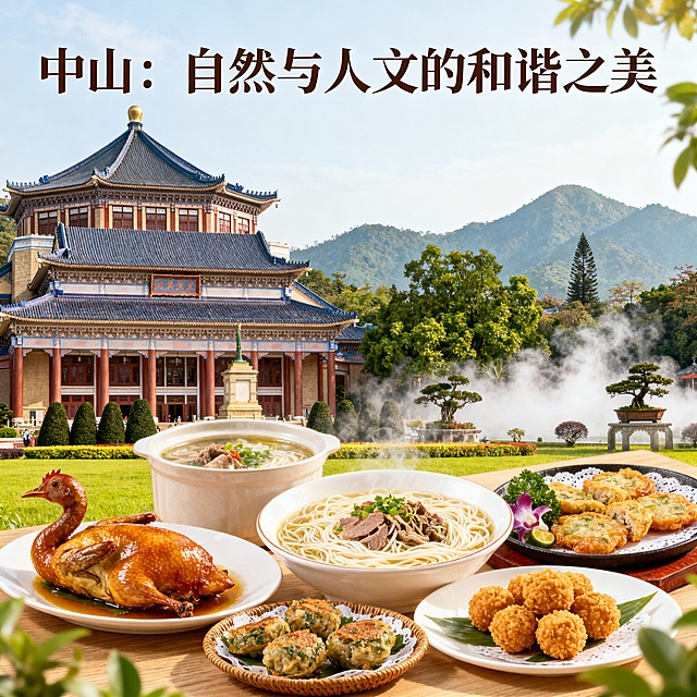 帮我制作一张中山市的宣传图片 图片带美食风景景点 再帮我制作三张