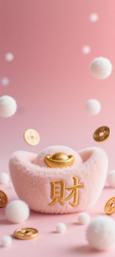 毛绒质感发财壁纸，背景为暖粉色渐变，主体是绣有金色 “财” 字的柔软毛绒元宝，周围散落白色毛绒球和迷你毛绒铜钱，整体氛围可爱喜庆，细节丰富。预览效果