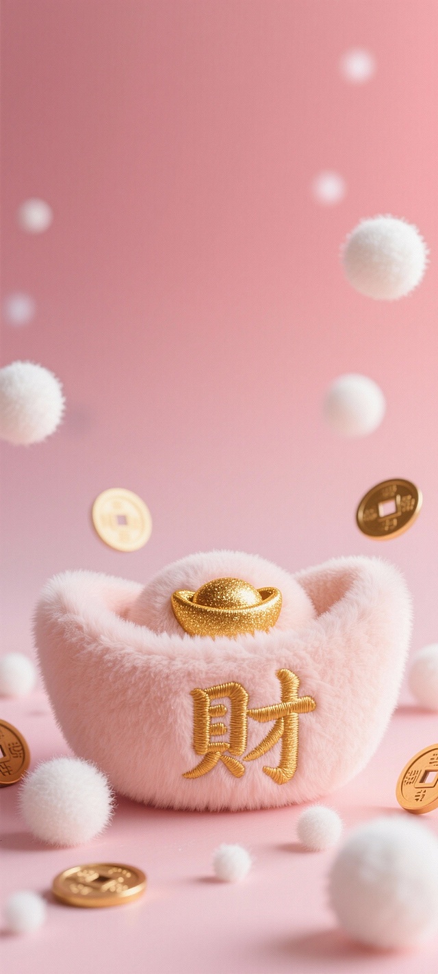 软3D风毛绒金元宝，刺绣“财”字点缀，搭配金色铜钱与毛球，粉色背景营造甜美可爱喜庆氛围，节日感十足。