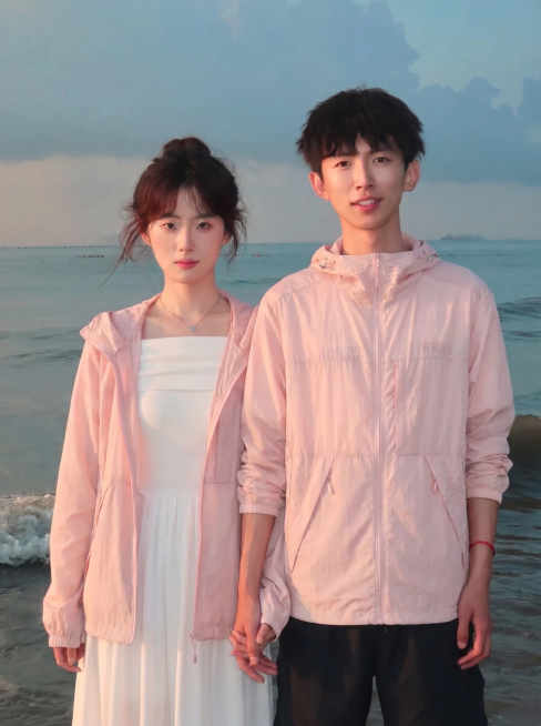 将图2的浅粉色连帽外套分别穿到图1海边这对情侣身上，男女都穿上这件浅粉色外套，替换掉原来的上衣，女生套在白色连衣裙外，过渡自然平整，保持原来的海边背景和姿势，图片比例3比4预览效果