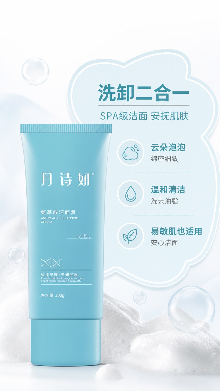 [商品] 使用【图1】月诗妍氨基酸洁面膏；保留浅蓝色管身、白色… - 图片创意预览