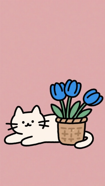 一只卡通小花猫趴在地上，地上花篮里放着一束蓝色郁金香，治愈系插画，简笔画涂鸦预览效果