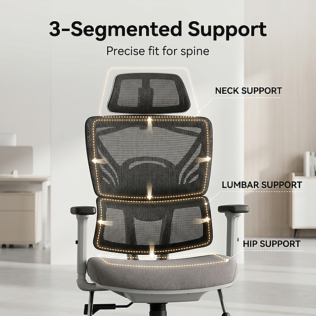 [Main Image 3] 3D Segment Support function introduction. Keep the original product appearance completely consistent. Show the product in an office scene, highlight the segmented backrest support structure. Use dotted lines to mark the neck support, lumbar support, and hip support areas on the backrest. Commercial photography texture, soft light, clear layers, advanced picture. Light: soft main light from the front, auxiliary light to fill the shadow, clear structural layering. Color: consistent with the original product, background is light and simple. Perspective composition: front view, focus on the layered backrest. Text layout: the main title at the top "3-Segmented Support", large bold, subtitle "Precise fit for spine", smaller font, all in English, clear contrast with background. 1:1 ratio, 2K resolution. Negative prompt: deformation, watermark, text disorder, product blur, messy background.