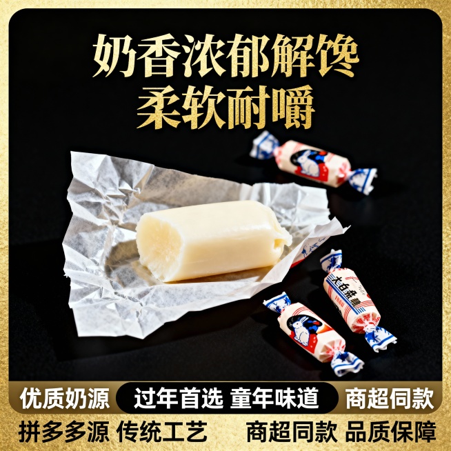 这张图片是产品主体这款产品是上海冠生园大白兔奶糖 我需要设计20张主图在拼多多上面售卖    主图场景布局可以用 等设计一个高级一些主图文案内容  甄选内蒙古黄金奶源带的优质鲜奶 奶香浓度比普通奶粉高预览效果